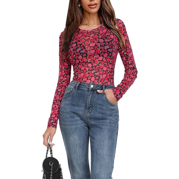 🆕 Women Red Floral Mesh Top Crew Neck Long Sleeve Fitted Sexy Out Tee Shirts - Picture 3 of 7